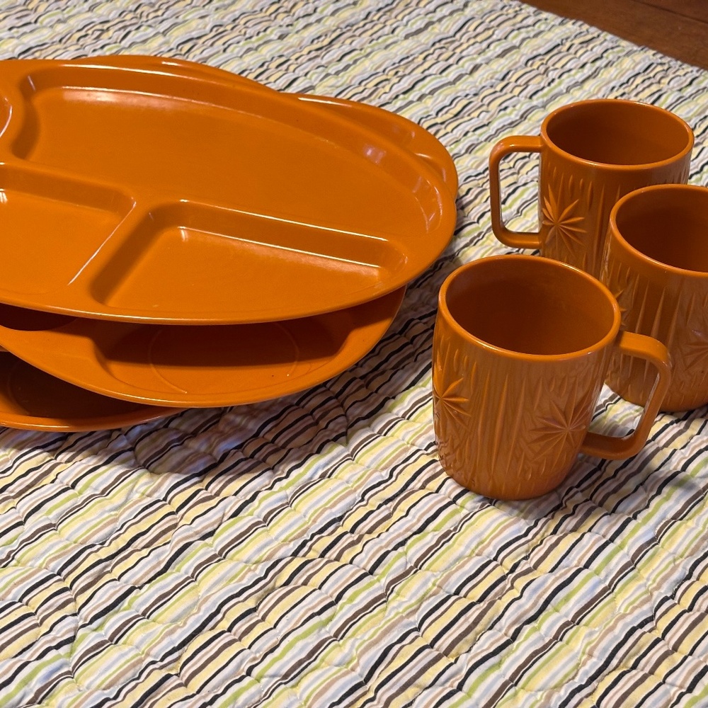 Vintage MCM Lunch Plates & Coffee Cups Orange RARE